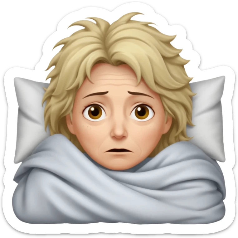 A 55-year-old woman lying in bed at night, unable to sleep. She looks exhausted and desperate, with visible dark circles under her eyes, tired facial expression, slightly messy hair. She is under the blankets, staring at the ceiling.  sticker