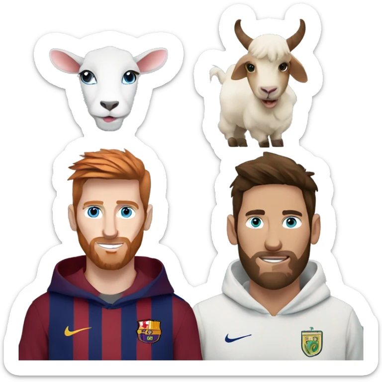messi with a goat, blue eyes, puma hoodie, redish hair and beard sticker