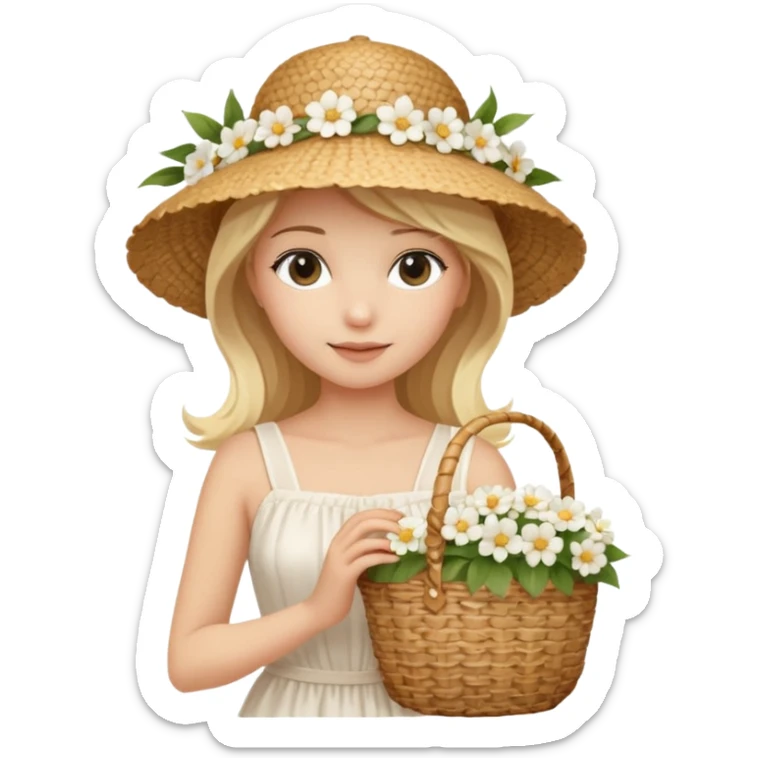 summer beautiful wicker hat, beach beige bag and bouquet of white flowers and blonde girl in Italy white dress sticker