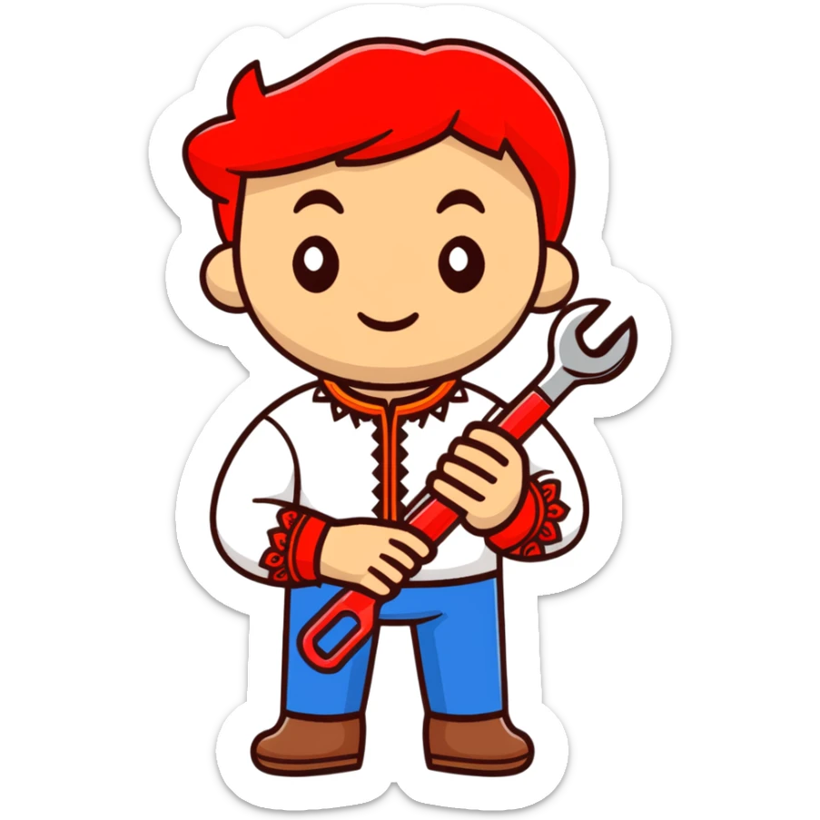 Ukrainian craftsman wearing traditional embroidered vyshyvanka shirt holding a spanner wrench and red scissors sticker