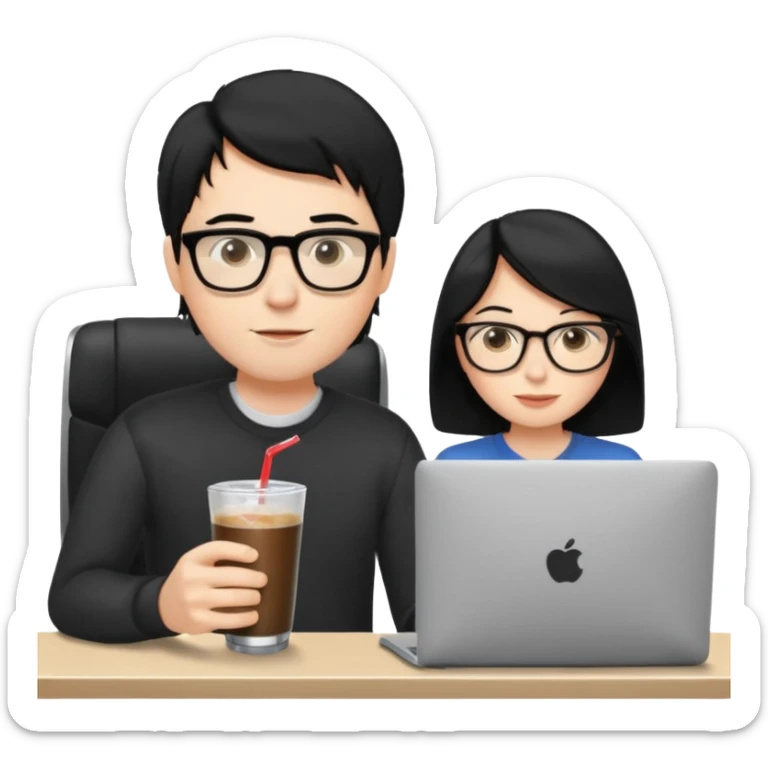 Hombre blanco con gafas, pelo negro tomando un refresco frente a un ordenador con ropa de sport,  y se ve en la pantalla del ordenador una mujer rubia tomando café sticker