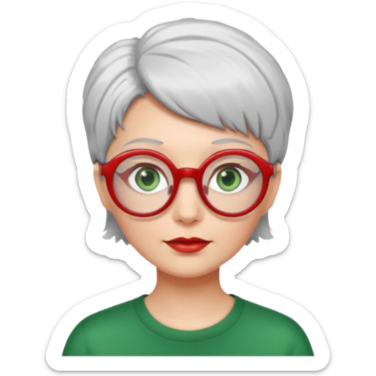 visage femme a lunettes pas épaisse ronde rouge avec cheveux courts gris-blancs aux yeux verts sticker