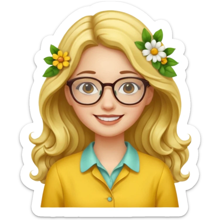 girl with a yellow blouse with flowers, with hair long hair in waves with glasses smiling sticker