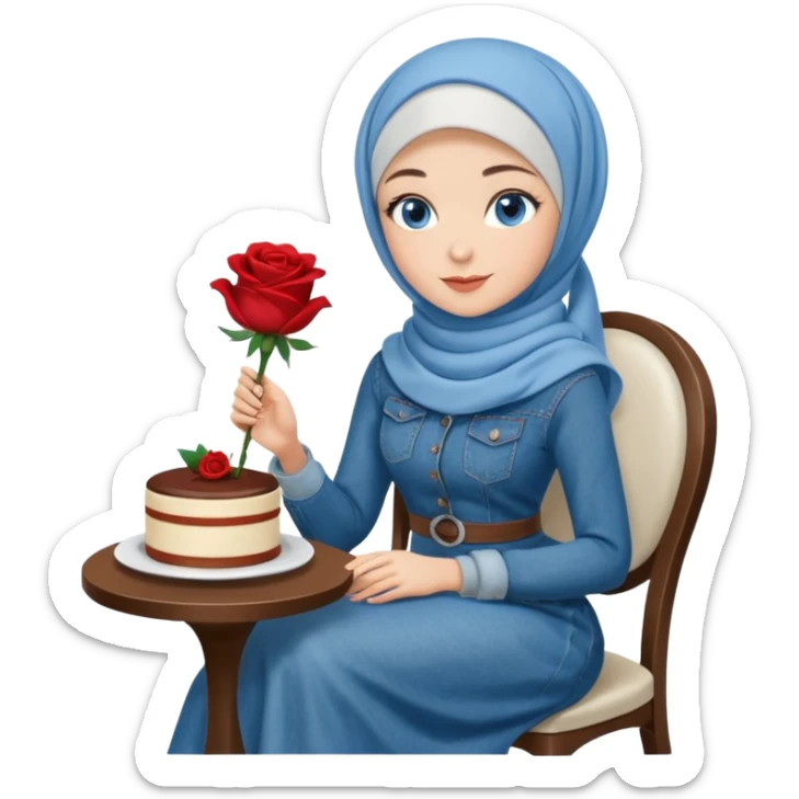 Turkish beautiful finish Konya girl blue eyes with denim hijab long tail dress and sits on the modernized coffee house on a white chair and holds rose cake with her hand  sticker