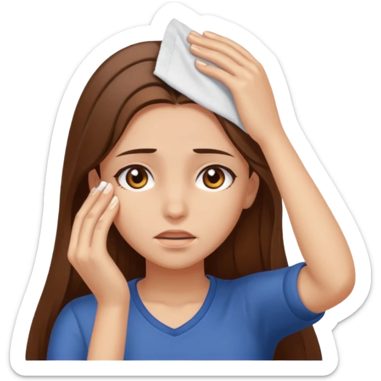 Girl with brown eyes and long brown hair wiping sweat off her forehead  sticker