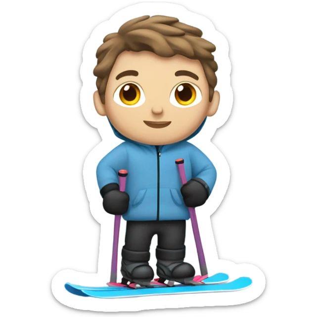 White boy with brown hair skiing on blue skis. Wearing a light gray coat. And a pair of black snow pants.  sticker