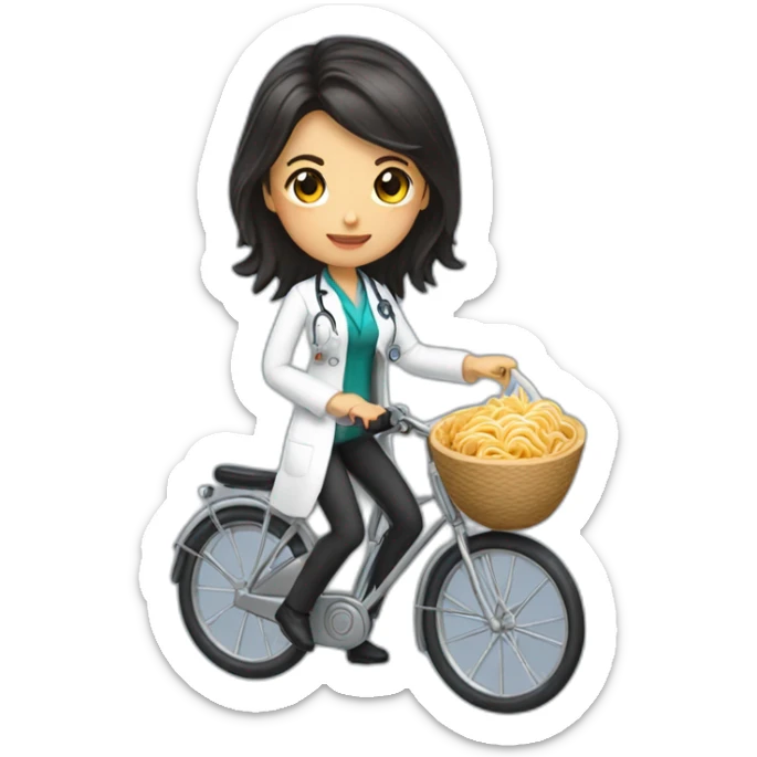 long and dark hair female doctor with a ramen bowl in her hand and riding a chrome bicycle sticker