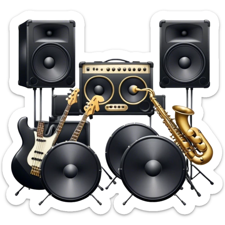 Icon for R&B Music Listening: large concert speakers with waves of musical notes coming out, along with a bass guitar, drum kit, and synthesizer, saxophone. The icon should convey the energetic and rhythmic vibe of R&B music. Transparent background. sticker