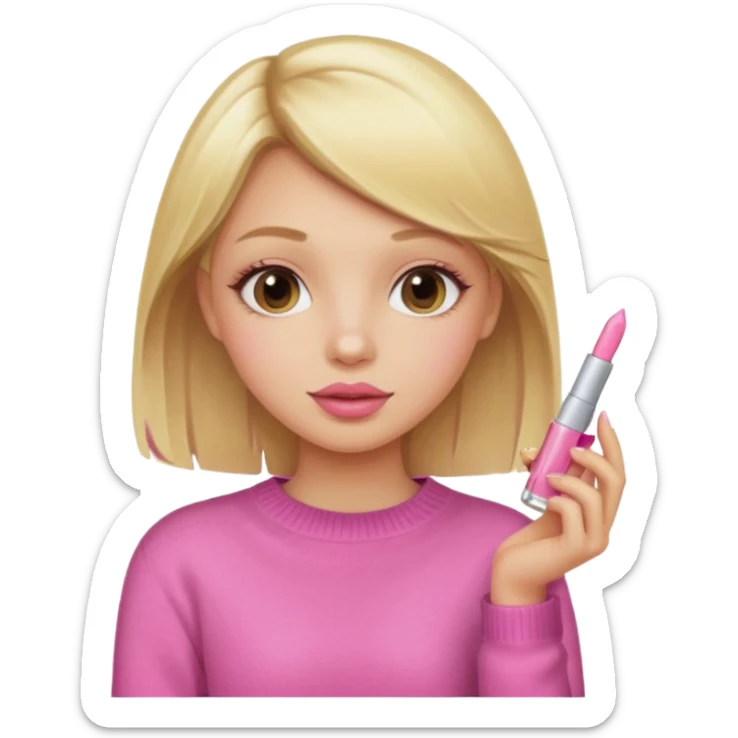 A blonde haired girl with a pink sweater and holding a lip gloss sticker