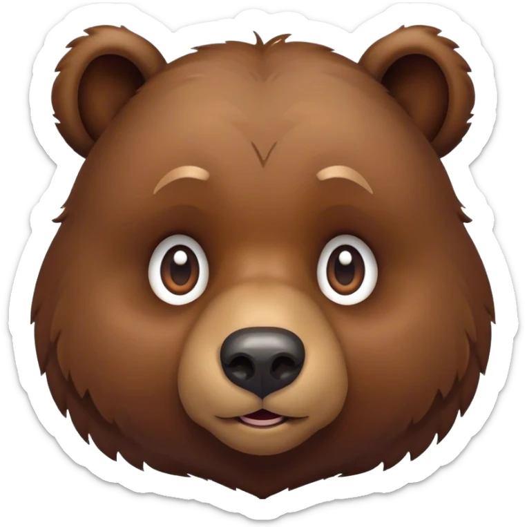 Cinematic Cute Grizzly Bear Portrait Emoji, Head tilted playfully and inquisitively, featuring a dense, rugged deep brown fur with a gentle, curious expression in round, sparkling eyes, Simplified yet irresistibly adorable features, highly detailed, glowing with a warm, friendly glow, high shine, affectionate and surprisingly gentle, stylized with a touch of wild whimsy, bright and endearing, soft glowing outline, capturing the essence of a mischievous yet loving bear, so playful it feels like it could amble out of the screen and into your arms! sticker