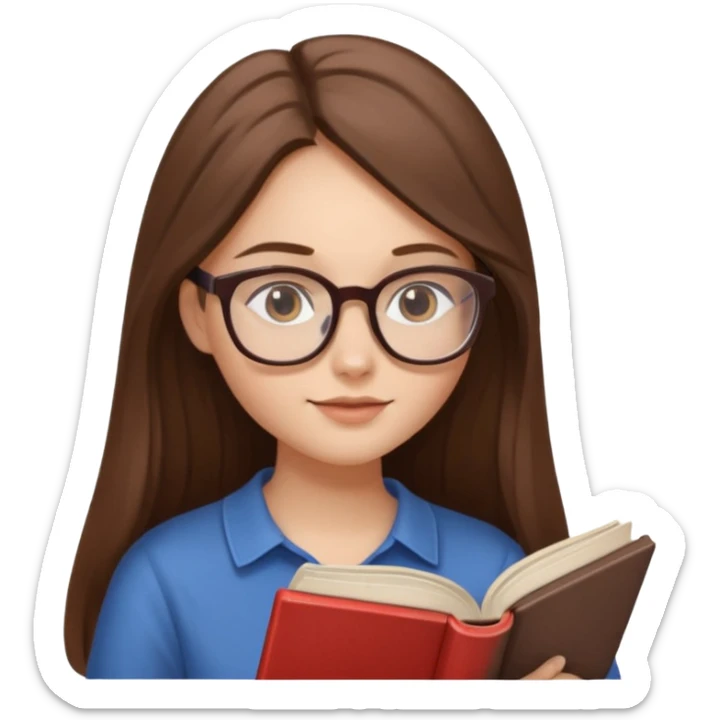 clean beautiful girl long brown hair, wear glasses, reading a book sticker
