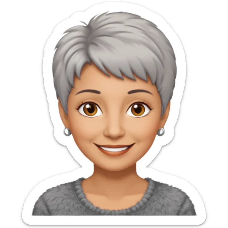 woman 50 years old, short grey fluffy cut hair, tannes skin and brown eyes sticker