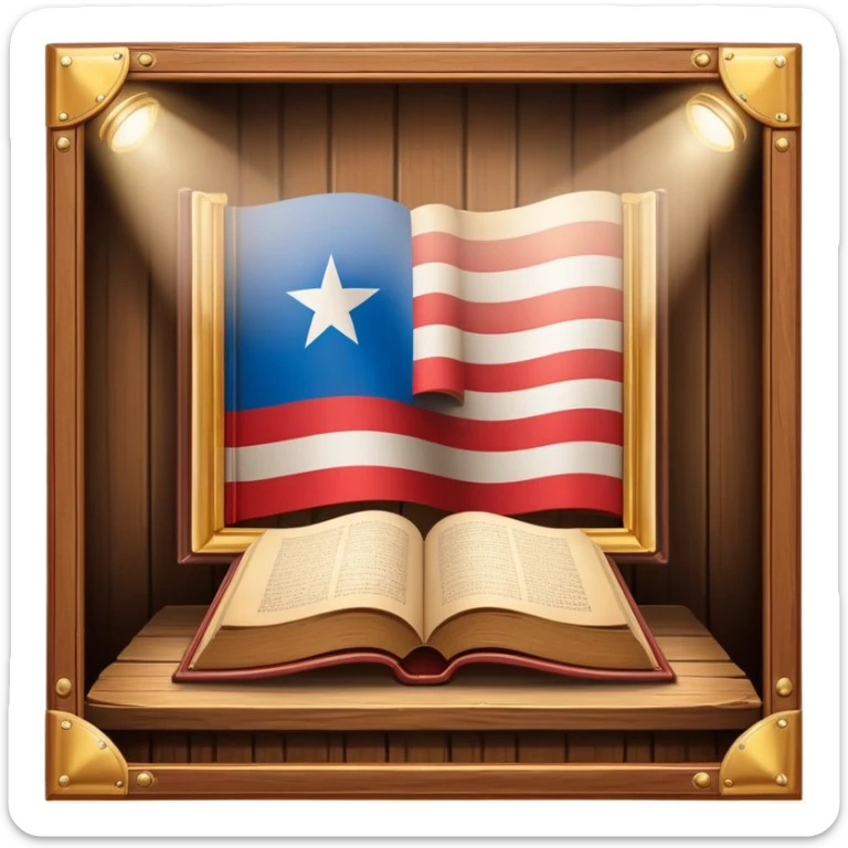 Historic book with theatre stage opening on cover, Puerto Rican flag visible on stage backdrop, wooden frame elements, glowing with warm light suggesting immortality of cultural heritage sticker