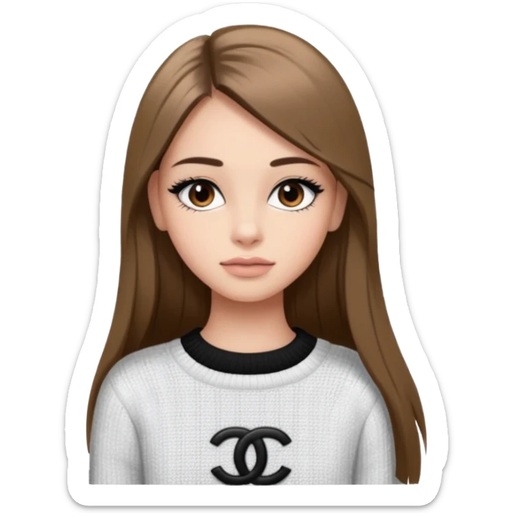 Une fille avec des faux cils, des yeux, marrons, des cheveux lisses un pull Chanel sticker