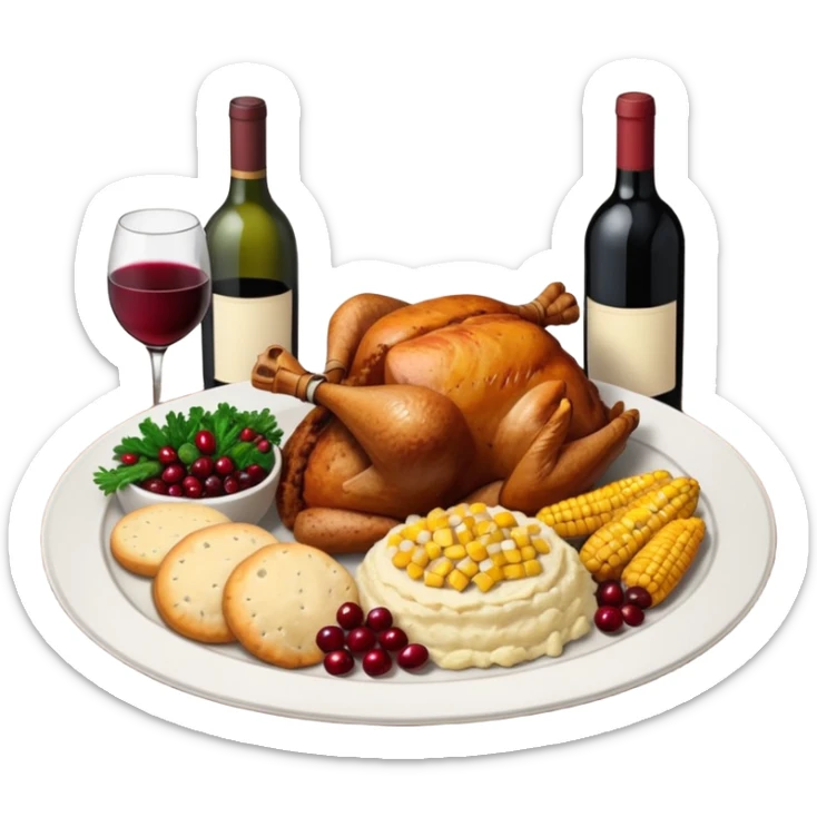 Thanksgiving Dinner with friends of all different races; have the food be a cooked turkey, mashed potatoes, corn, a basket of biscuits, a small bowl of cranberry sauce, baked yams, steamed vegetables, and a bottle of wine. sticker