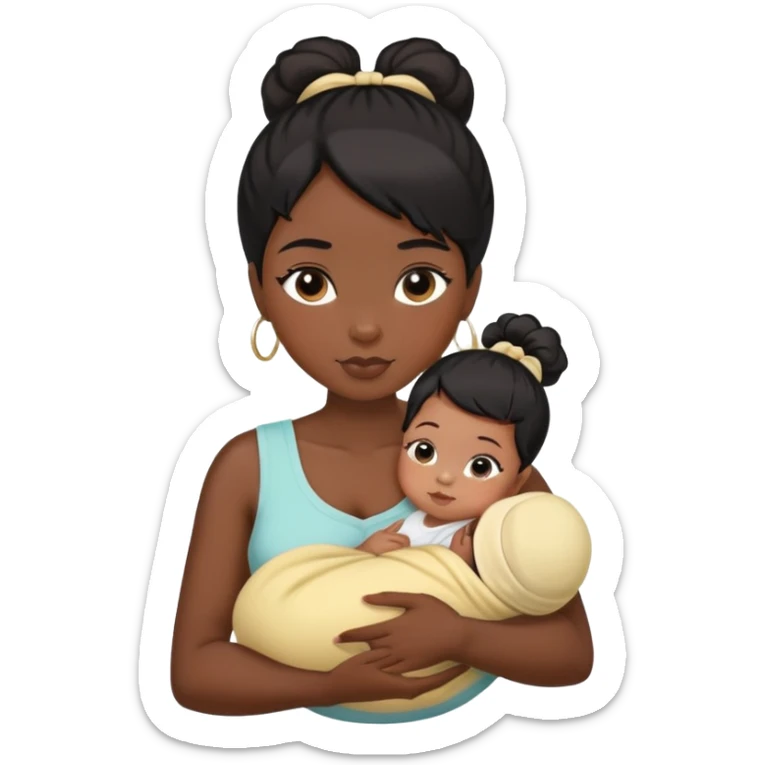 dark black hair girl cuddling a newborn baby and a girl  with a high ponytail sticker