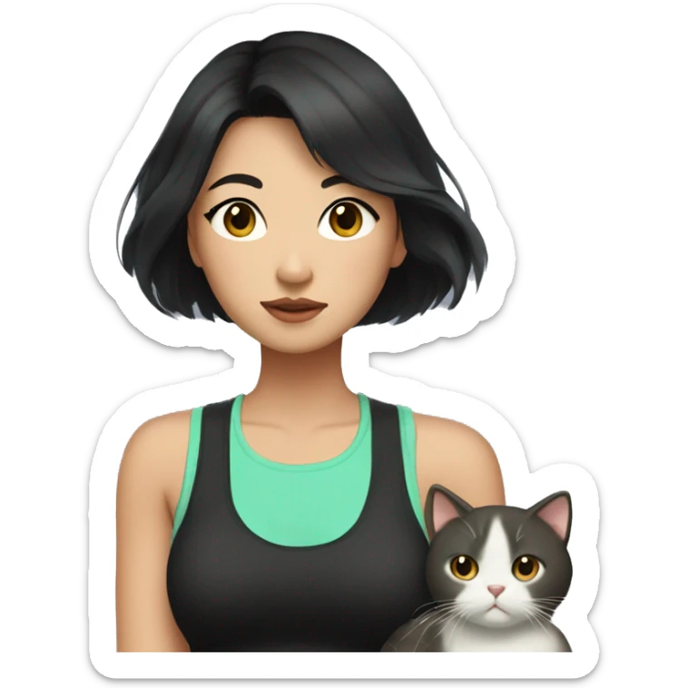 Asian woman with medium black hair, brown eyes. She's wearing a black tank top and mint shorts. And she has a cat in her arms sticker