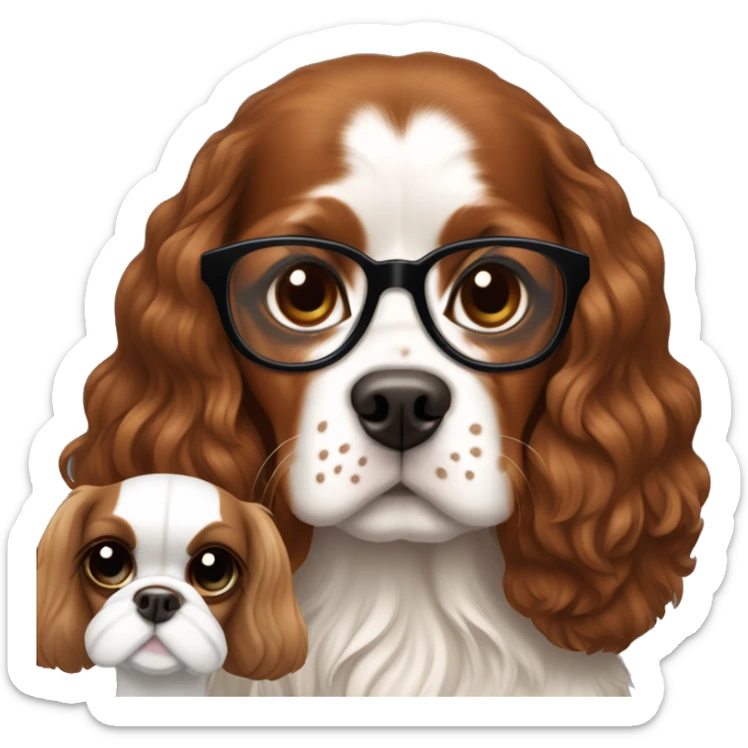 White girl with brown hair wearing glasses holds a king charles spaniel dog sticker