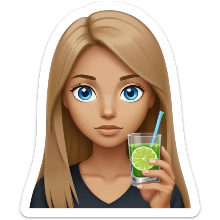 tan woman, black shirt, long light brown straight hair, grey blue eyes, holding a shot with lime sticker