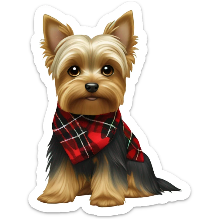 brown and white BOY yorkie with a red and black plaid sweater the a name tag bruno with a green christmas bandana around the neck sticker