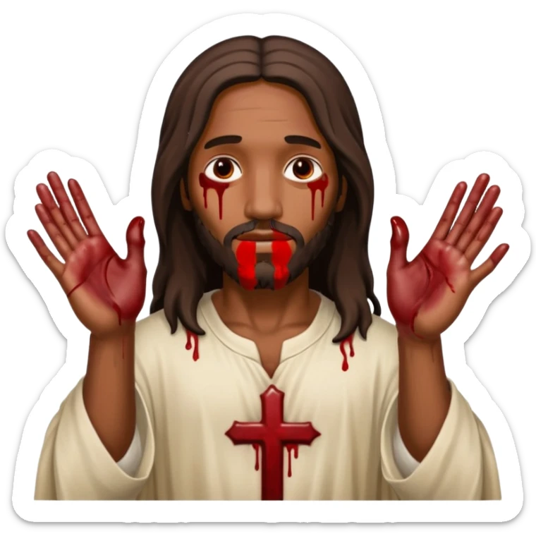 African American Jesus Christ with nail holes in his hands with blood sticker