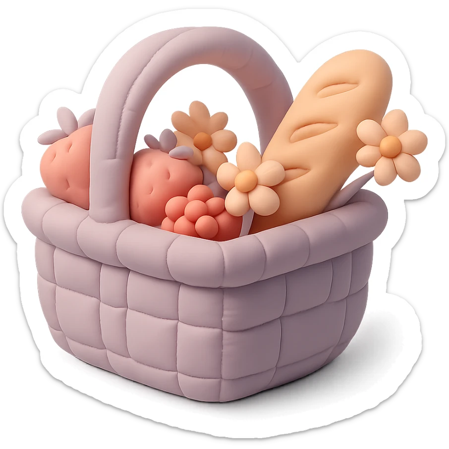 picnic basket with berries, bread, and flowers in warm pastel shades, cushion style sticker