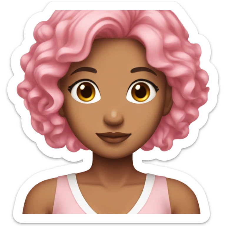 karina from aespa. with pink hair, wearing a light pink dress with a ribbon in the middle. Her hair is a beautiful layered model. sticker