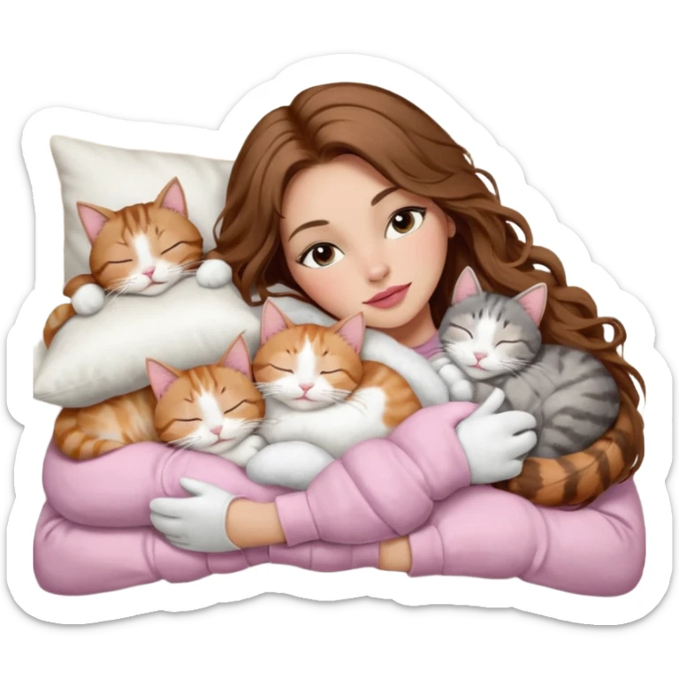 girl with long wavy brown hair, brown eyes, long lashes makeup, sexy pink lips, light to medium complexion,  sleeping on a cozy pillow, with 6 cats: 1 brown and white tabby cat, 1 ginger and white, 2 grey and white, 1 grey has white mittens and small white patch on its chest and 1 calico, sleeping sticker