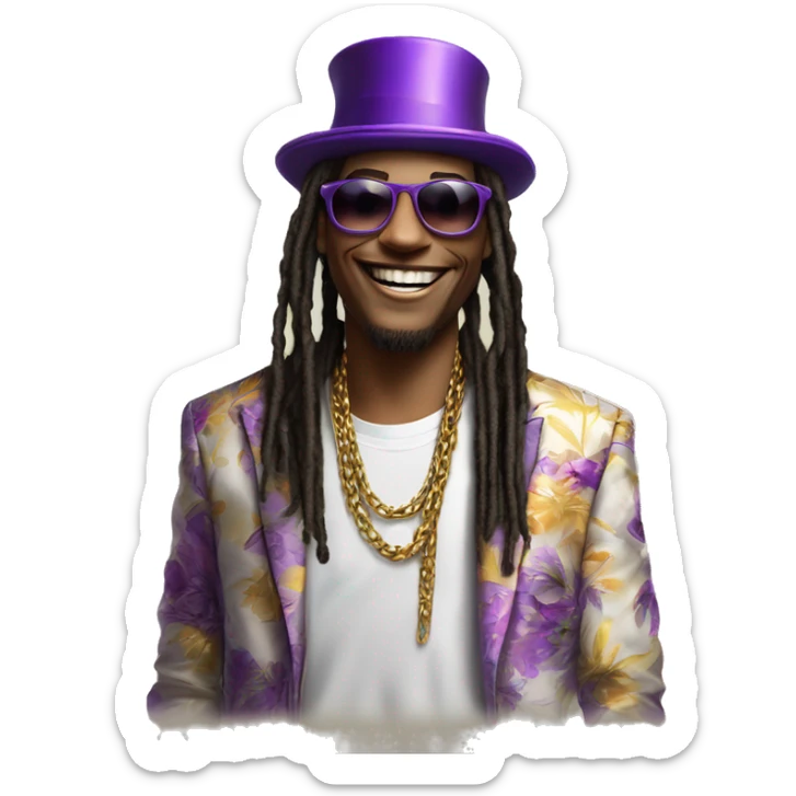 A charismatic figure in a purple top hat, floral jacket, sunglasses, and gold-toothed grin. Long dreads, white tee, and chain complete the look. Fun and approachable, they’re pure party energy. sticker