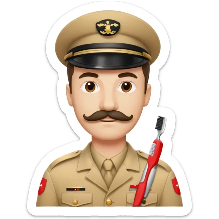 Man in beige army uniform red armband and black toothbrush style moustache  sticker