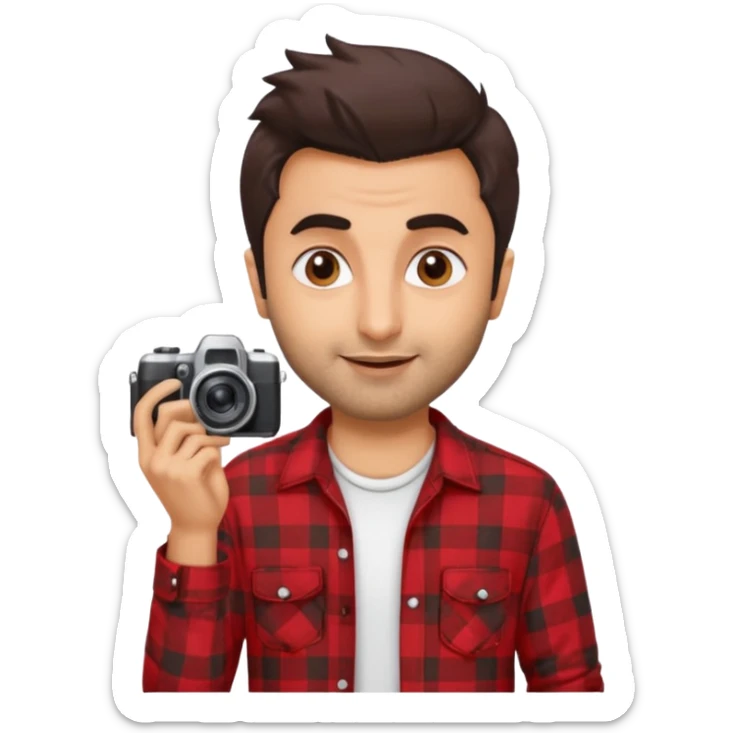 generate a pretty bratz emoji 
Make her look like Ranbir kapoor wearing a red flannel shirt,with white tee underneath. smirking and carrying a camera

he should look exactly  like ranbir kapoor!  sticker