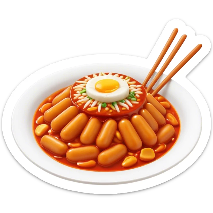 Cinematic Realistic Tteokbokki Dish Emoji, showcasing spicy, chewy rice cakes in a fiery sauce rendered with lifelike detail and bold, dynamic lighting. sticker