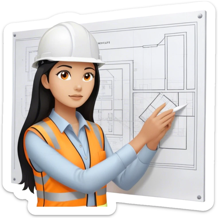 Female civil engineer with long black hair wearing white helmet and an orange safety vest staring at big drawing plan on her hands  sticker
