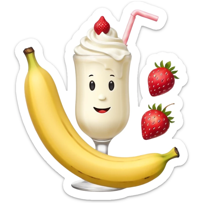 Milkshake vanilla with a banana sticking out of the milk shake it and two strawberries on both sides of the banana at the very tip of the banana, whipped cream and a smiley face one big banana coming out of milk shake sticker