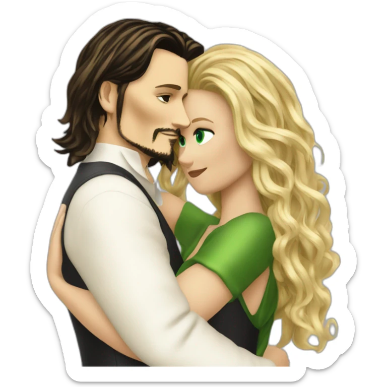Johnny Depp dance hugging blond woman with green eyes amd very very very long hair sticker