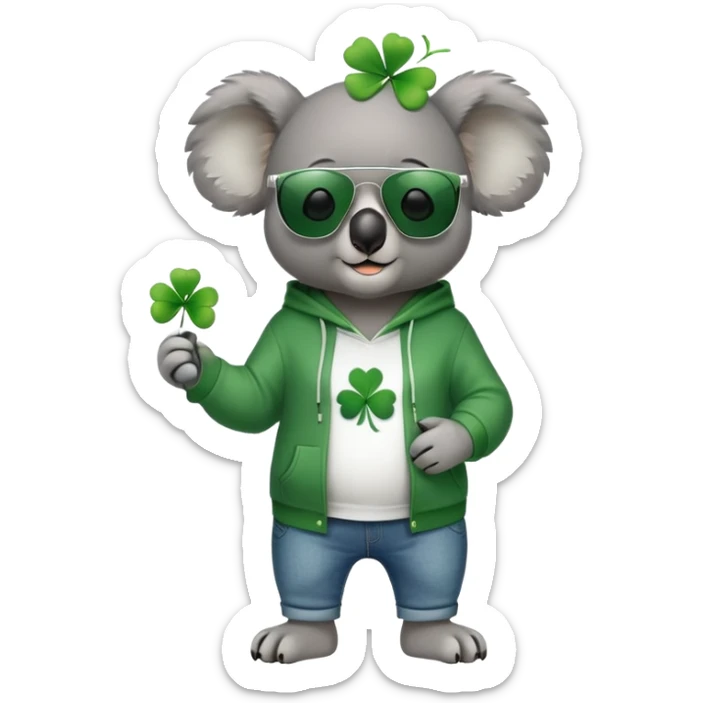 anthropomorphised koala, full body, wearing a hoodie and jeans, dark sunglasses, headphones, dressed for St. Patrick's Day, different pose sticker