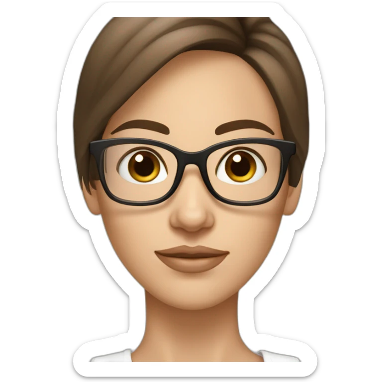 White skin Pretty woman with straigh brown hair, brown big eyes with glasses long eyebrow strong nose sticker