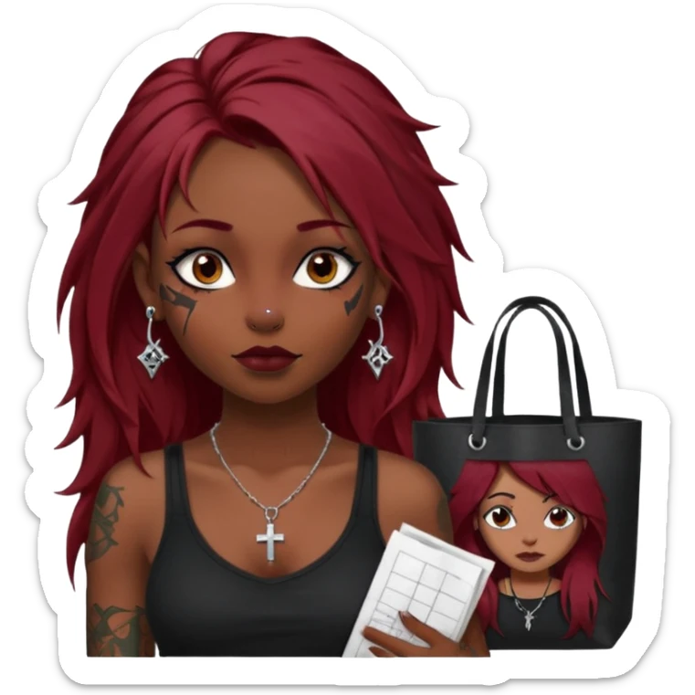 generate an ios genmoji of a girl with long dark red messy hair with eyeliner on her eyes.  septum piercing, wearing a cami black top, has tattoos, on shoulders. ear piercings. wearing a cross silver necklace. carrying a tote bag on her shoulders with chart paper peeking out. sticker
