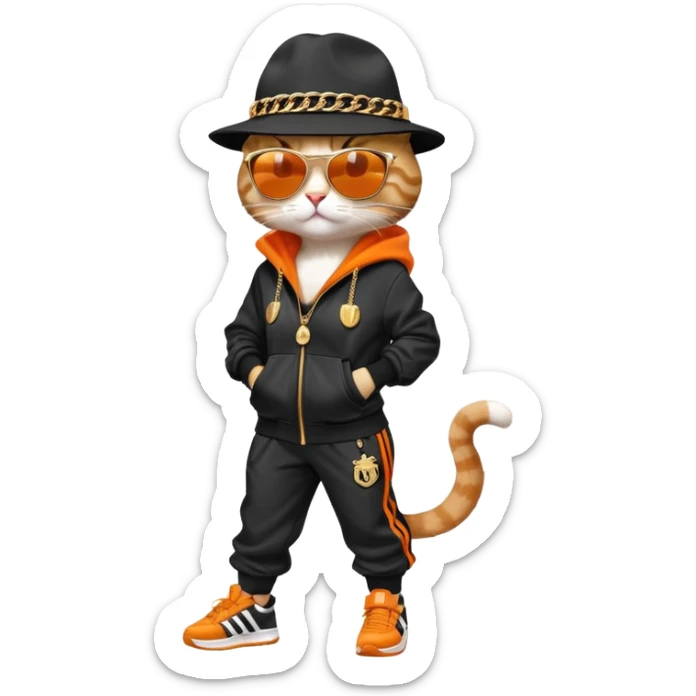 female cat wearing Run DMC hip-hop outfit with tracksuit, fedora, Adidas sneakers, dark sunglasses, many gold chains, upright pose sticker