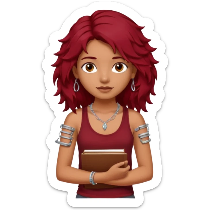 a pretty tan indian bratz girl with messy dark wavyred hair, wearing a dark red tank top, layered silver necklaces. Carrying multiple sketchbooks and pens sticker
