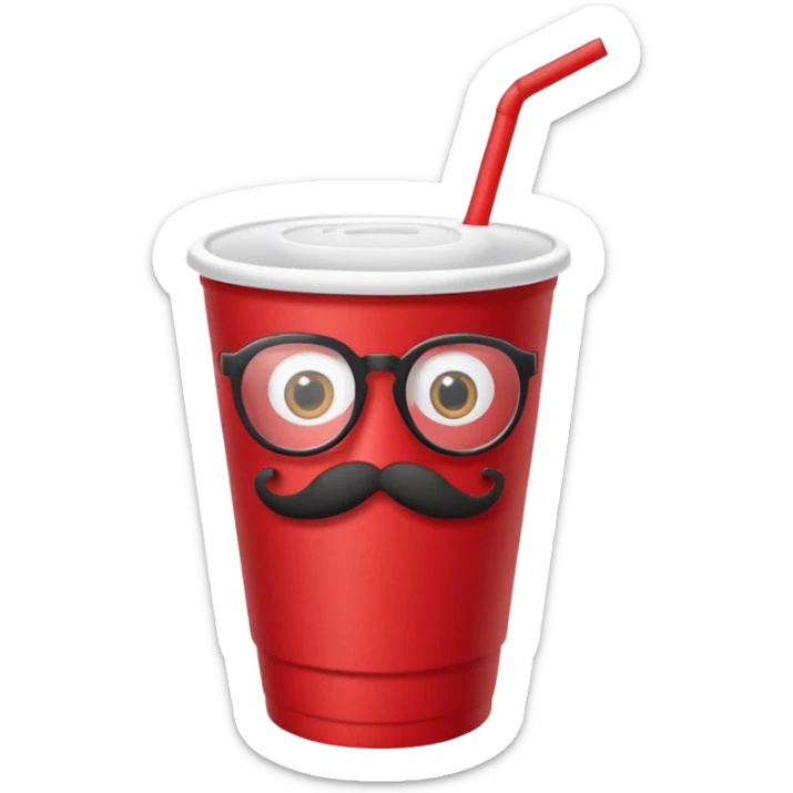 paper red cup and white straw, the cup has eyes and mouth and glassess and mustache sticker