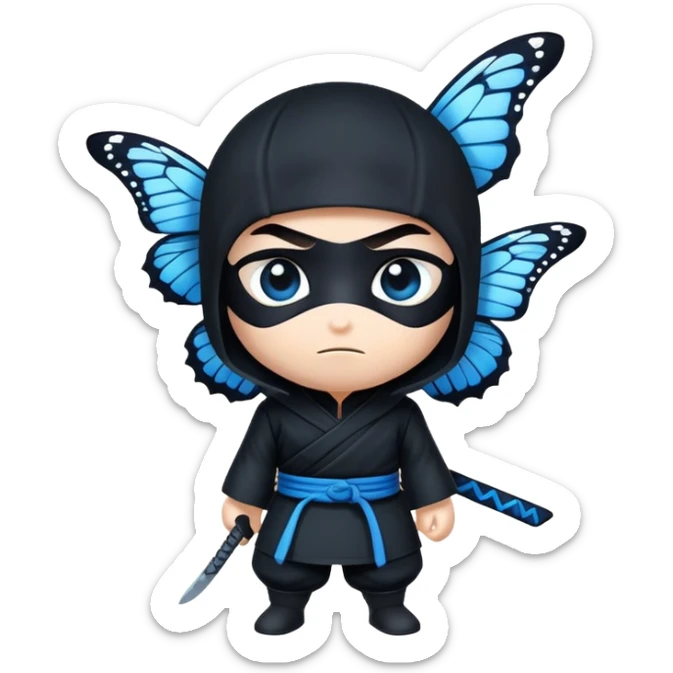 Crea un emoji para usar en WhatsApp con estos dos emoji 🥷🏻🦋.
Ninja vestido de negro con la piel blanca y una mariposa azul posada en su hombro izquierdo como si estuviera volando. sticker