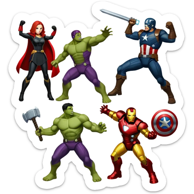 Iron man, captain america, hulk, black widow, Thor, and Hawkeye, fighting Thanos, Loki, red skull, ultron, kang, and doctor doom sticker