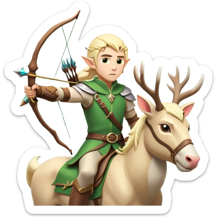 clash-of-clans-aesthetic-blond-male elf-archer-portrait-emoji, rendered in a flat, vector-style with minimal shading and bold, simplified shapes, head tilted slightly forward with a determined, focused expression, riding a majestic white stag whose antlers glow with mystical energy, set against an ancient, enchanted forest backdrop. sticker