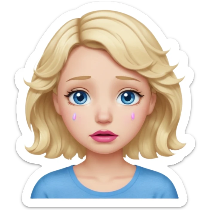 Girl Blonde short wavy hair,  blue eyes, cute blue top, long lashes, pink lips,crying with tears running down the face  sticker