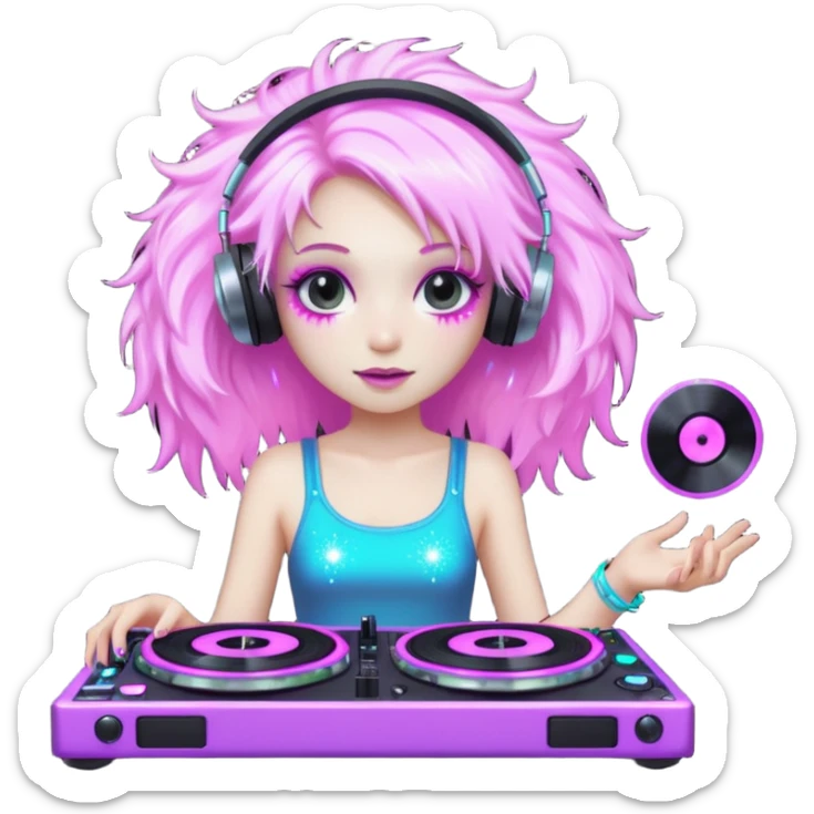  hard-techno-rave-fairy,-holding-a-dj-turntable,-wild-hair,-neon-sparkles,-minimal-background sticker