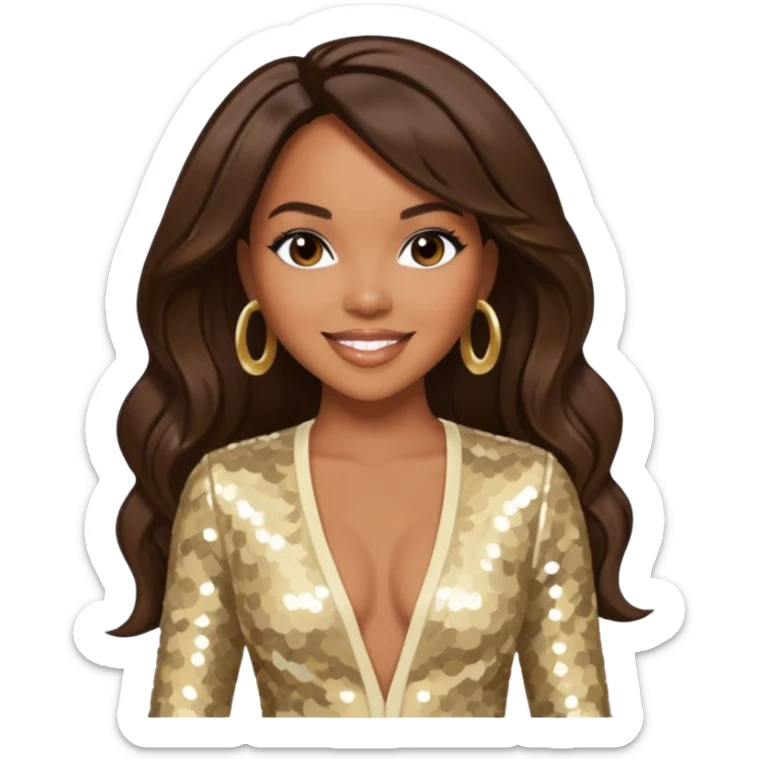 LeToya Luckett from Destiny's Child with long dark brown hair, cream sequin outfit sticker