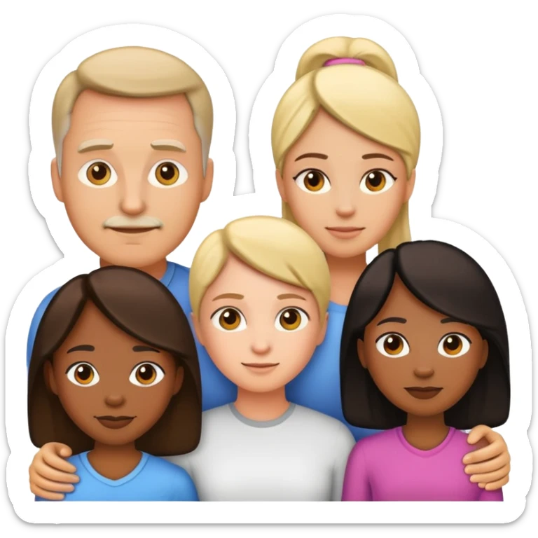 Create a family emoji with a white dad and black mom and 3 daughters of 15, 13 and 11 years old sticker