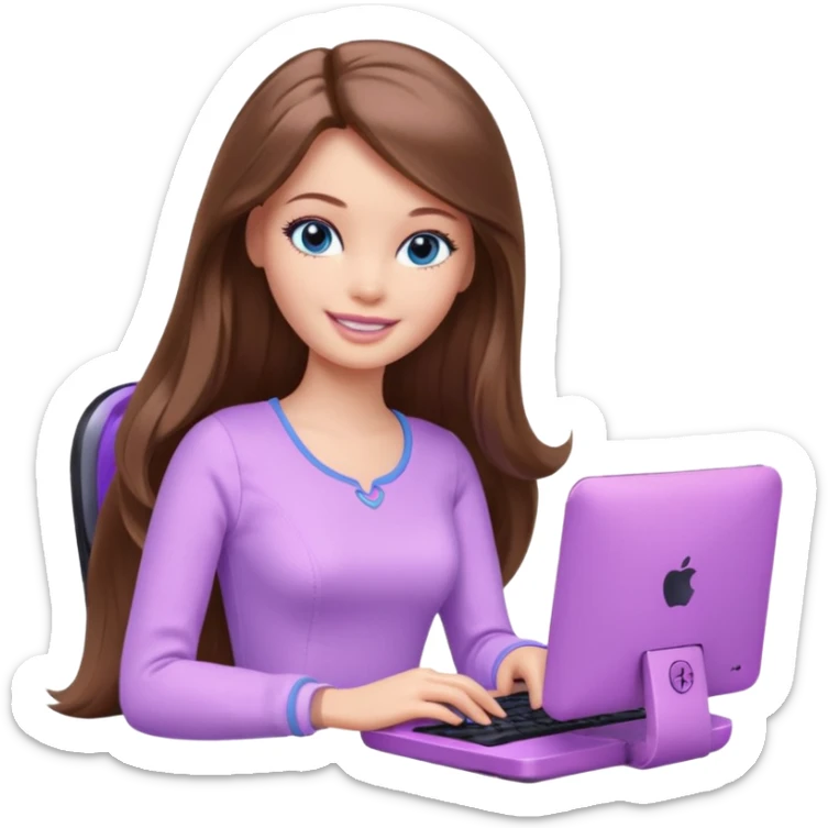 beautiful barbie girl with long brown hair, blue eyes and wearing light purple clothes playing computer games sticker