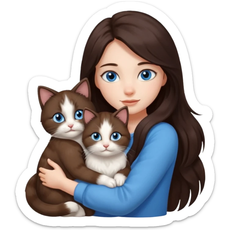 a pretty girl with long dark 
brown hair, with blue eyes, hugs 3 different natural coloured small cats sticker